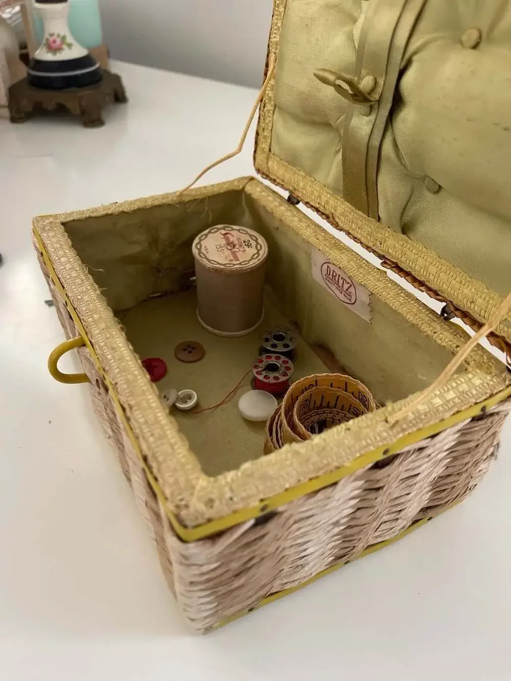 Vintage Dritz Woven Wicker Sewing Basket with Quilted Satin Lining Bright Yellow